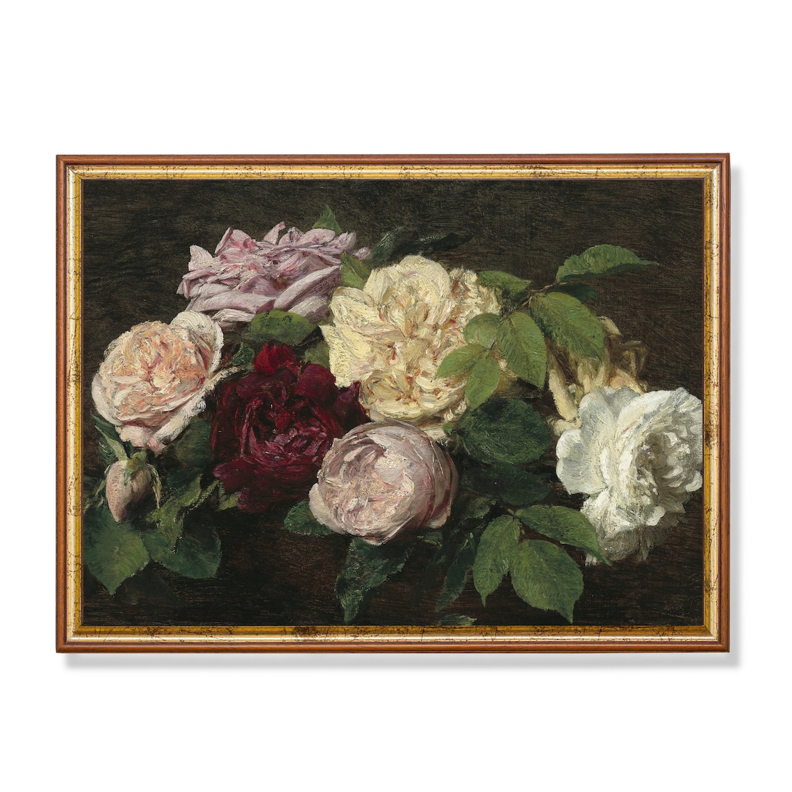Bouquet of Cream Blush and Burgundy Roses Vintage Painting Poster