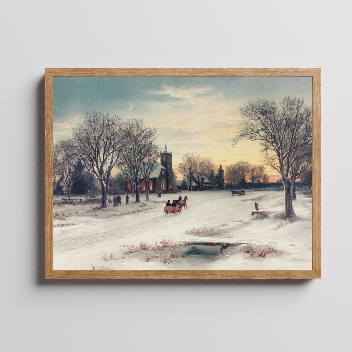 Horse Sleigh Passing A Church At Winter Twilight Vintage Poster - Image 2