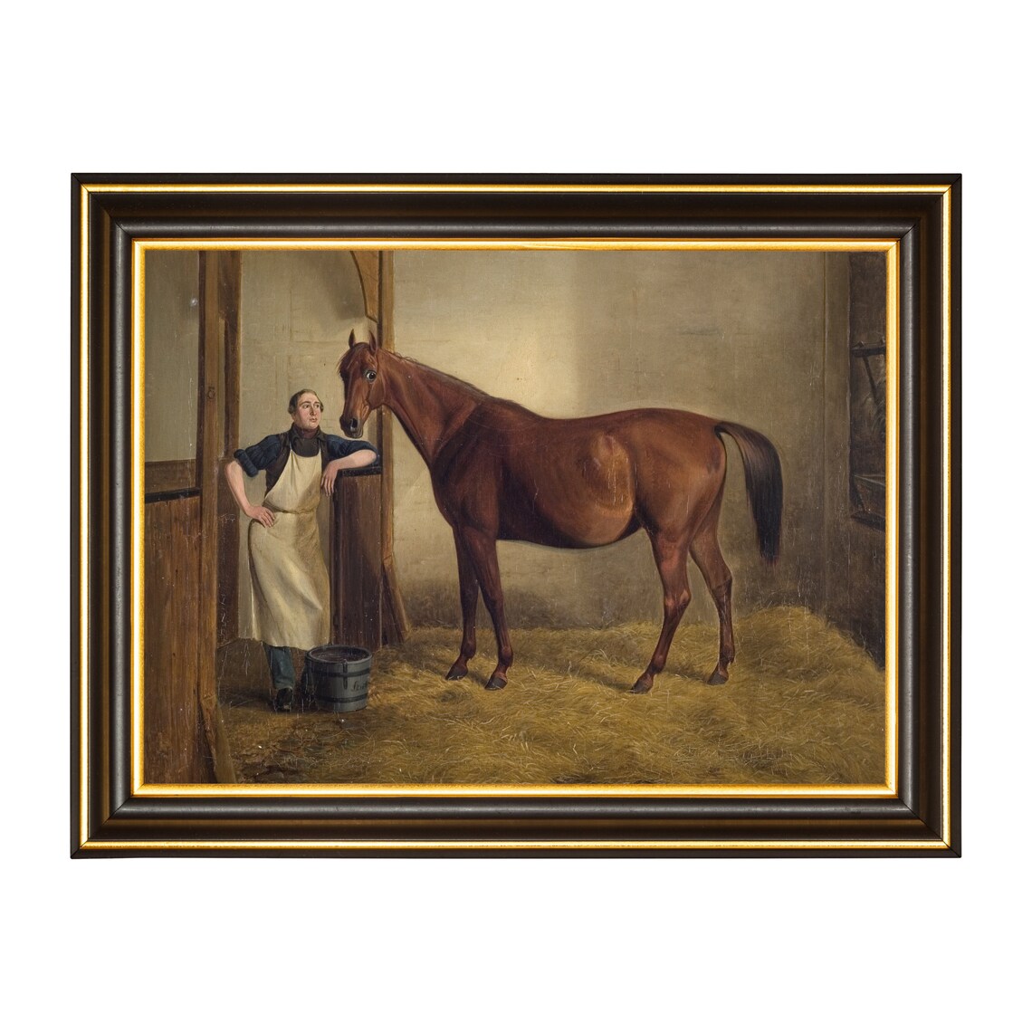 Bay Horse in Stable with Groom Vintage Equestrian Stable Scene Poster - Image 2