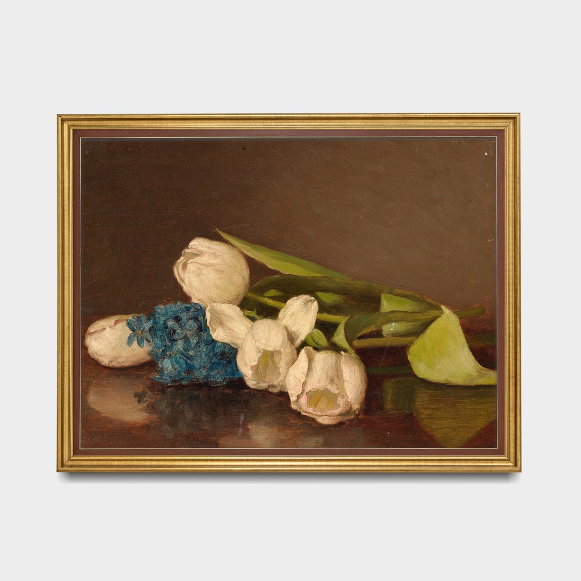 White Tulips and Blue Hyacinth on Dark Table Still Life Poster - Image 4
