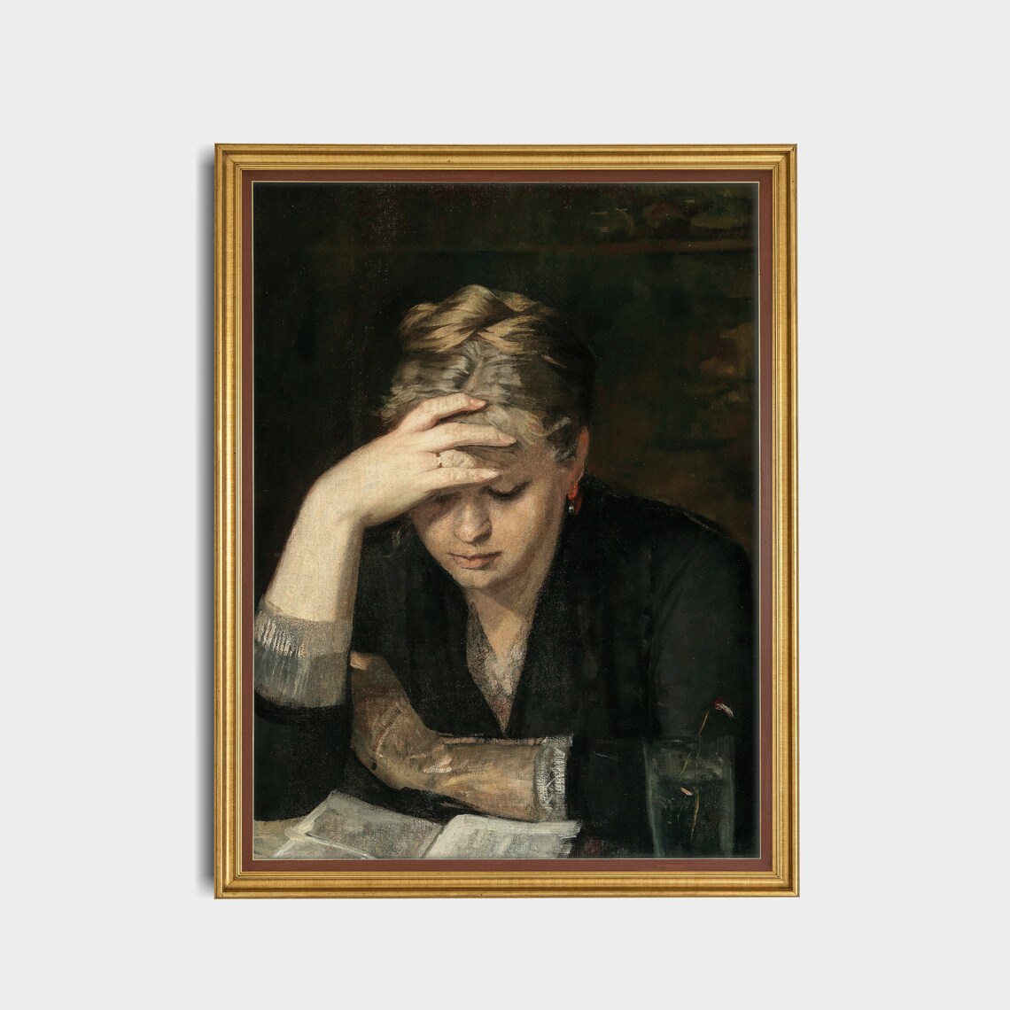 Contemplative Woman Reading a Book With Head in Hand Dark Vintage Poster - Image 5