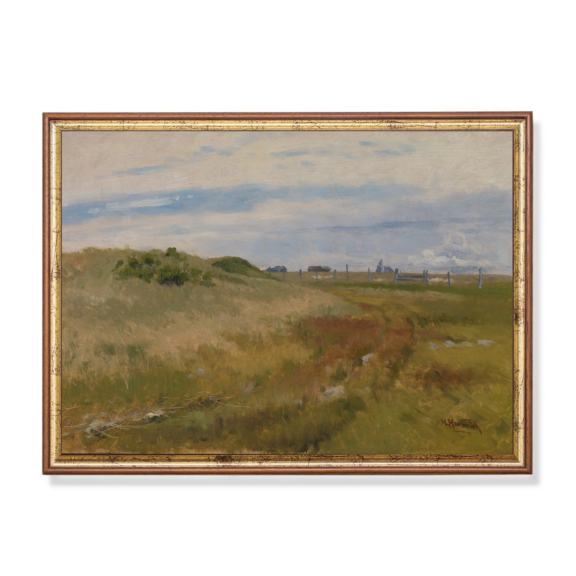 Open Moorland With Fence Posts and Distant Farm Buildings Poster