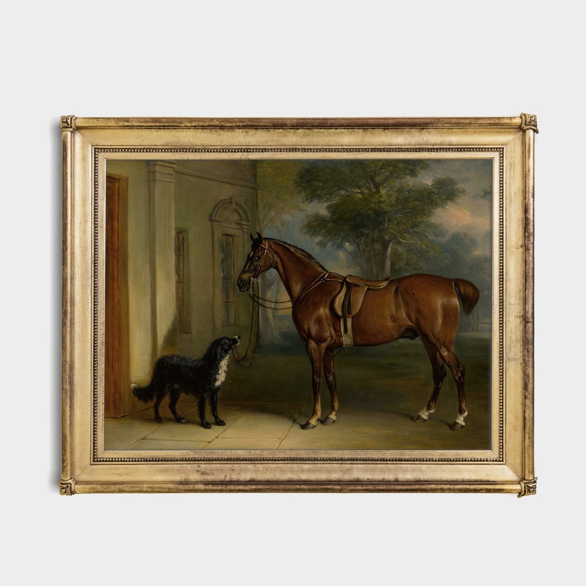 Saddled Chestnut Horse with Dog at Stable Door Vintage Poster - Image 2
