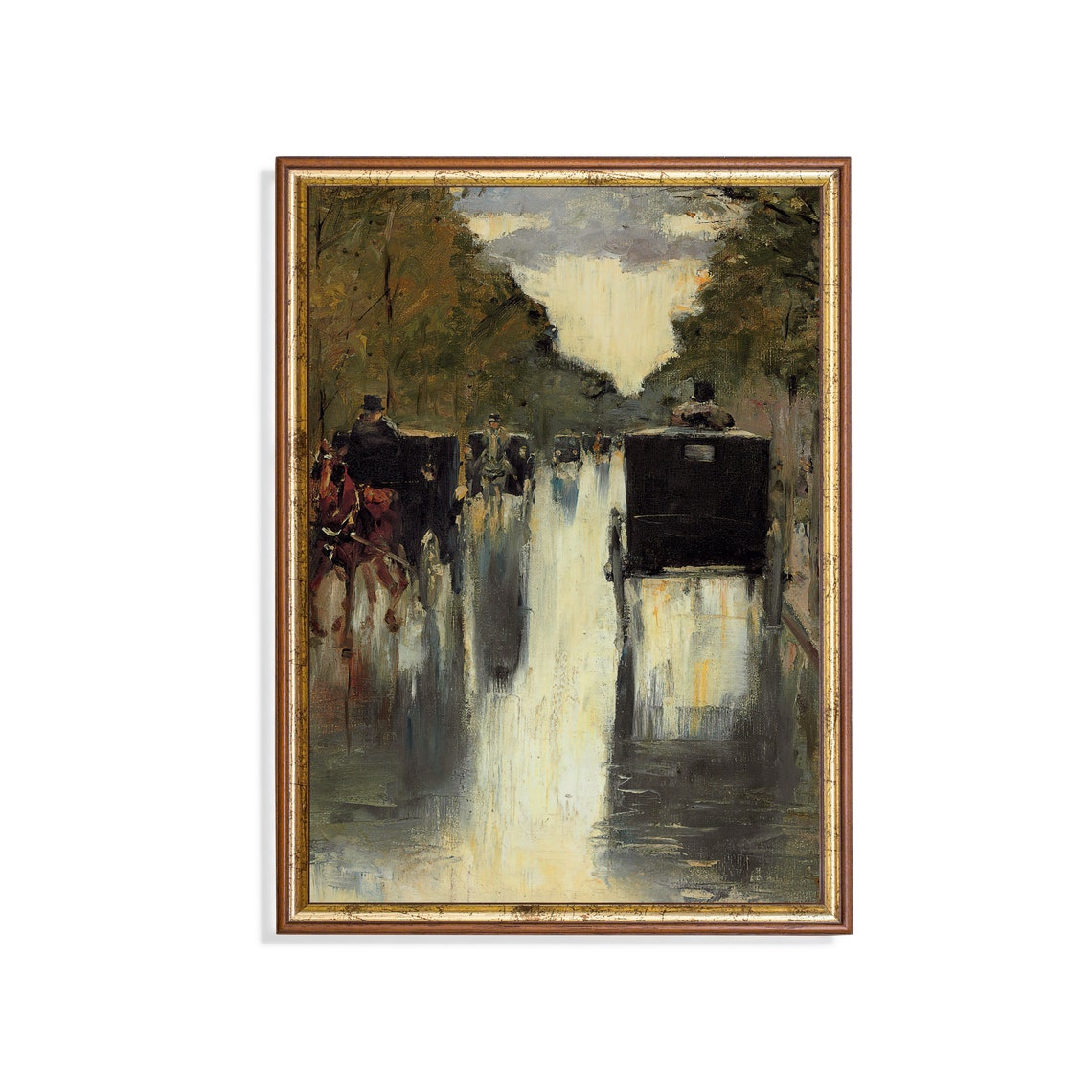 Rainy Paris Boulevard with Horse Carriages Impressionist Poster