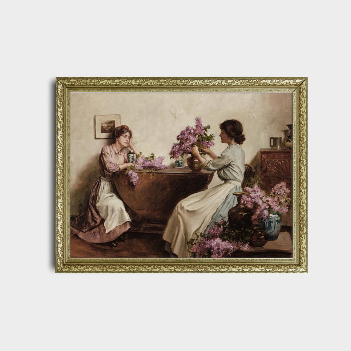 Two Women Arranging Lilacs at a Table Vintage Interior Painting Poster - Image 2