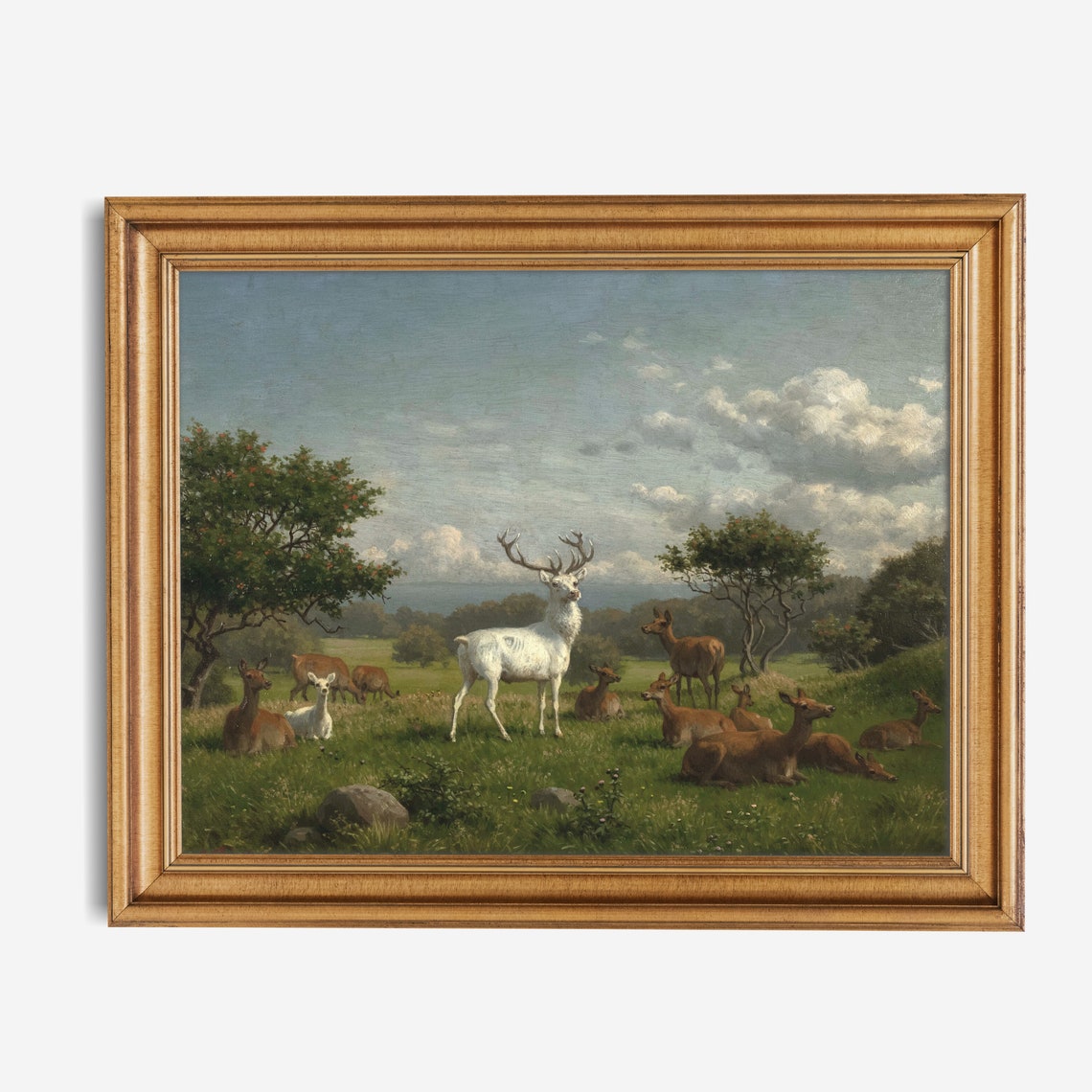 White Stag with Deer Herd in Sunlit Meadow Antique Wildlife Poster - Image 3