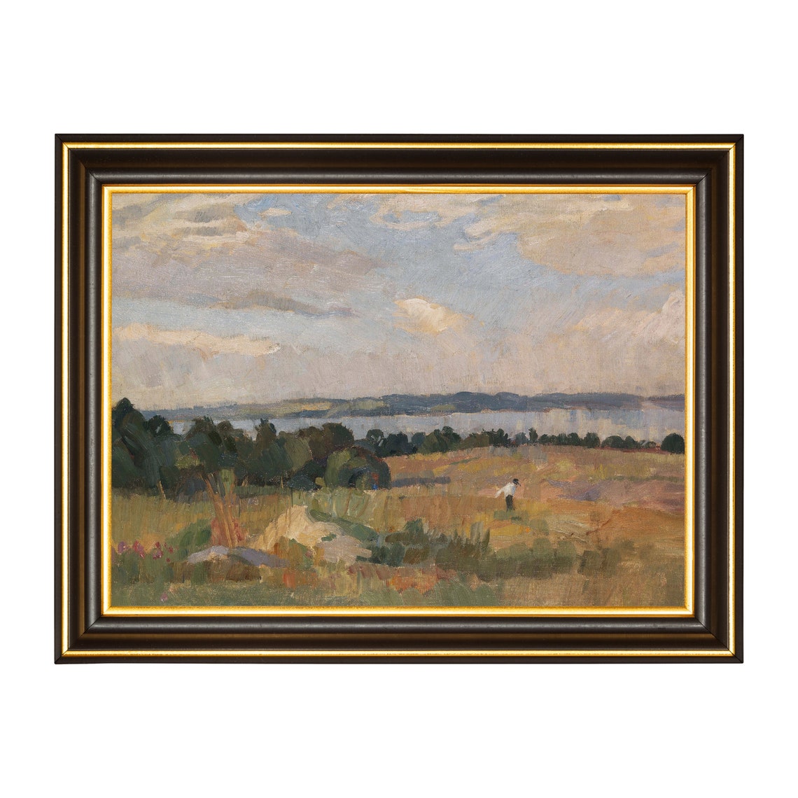 Lonely Walker in Open Field with Distant Lake Impressionist Poster - Image 3