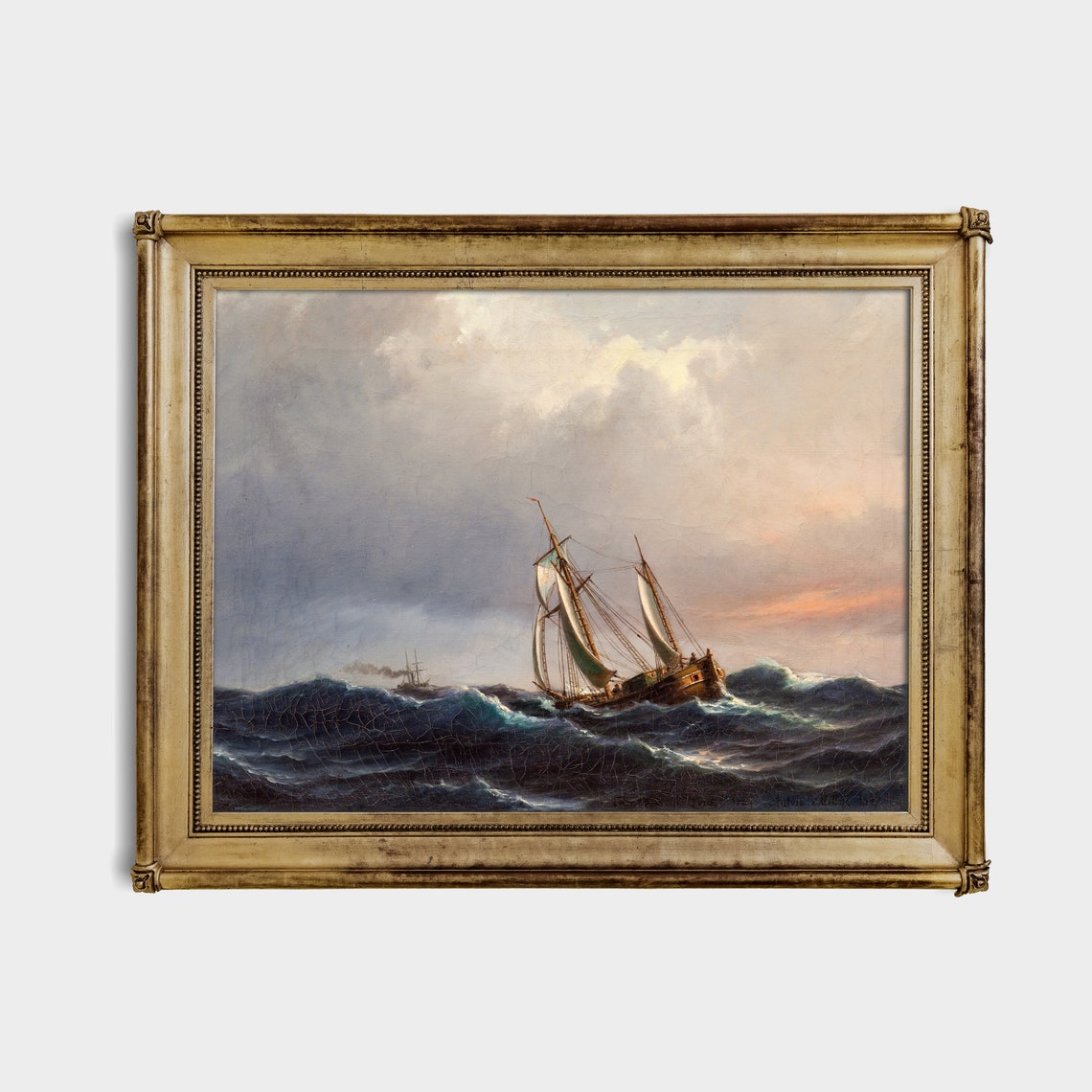 Vintage Seascape Painting Antique Sailing Ship Print Moody Rustic Fine Art Nautical Decor Wall Art - Image 4