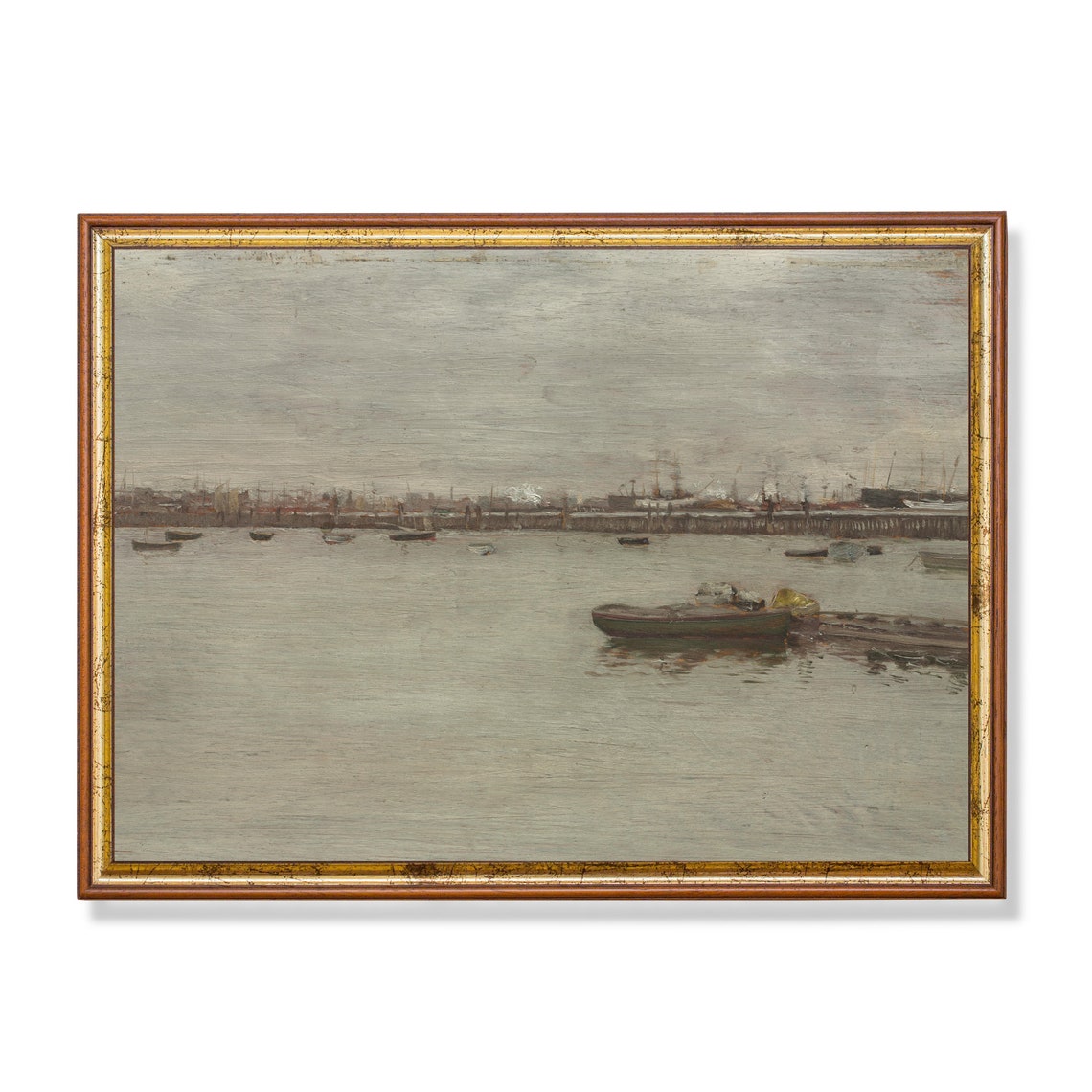 Muted Gray Harbor Painting Rowboat Antique Nautical Wall Art