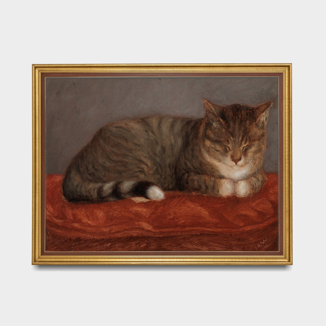 Sleeping Tabby Cat Curled on a Red Cushion Cozy Vintage Cat Poster - Image 3