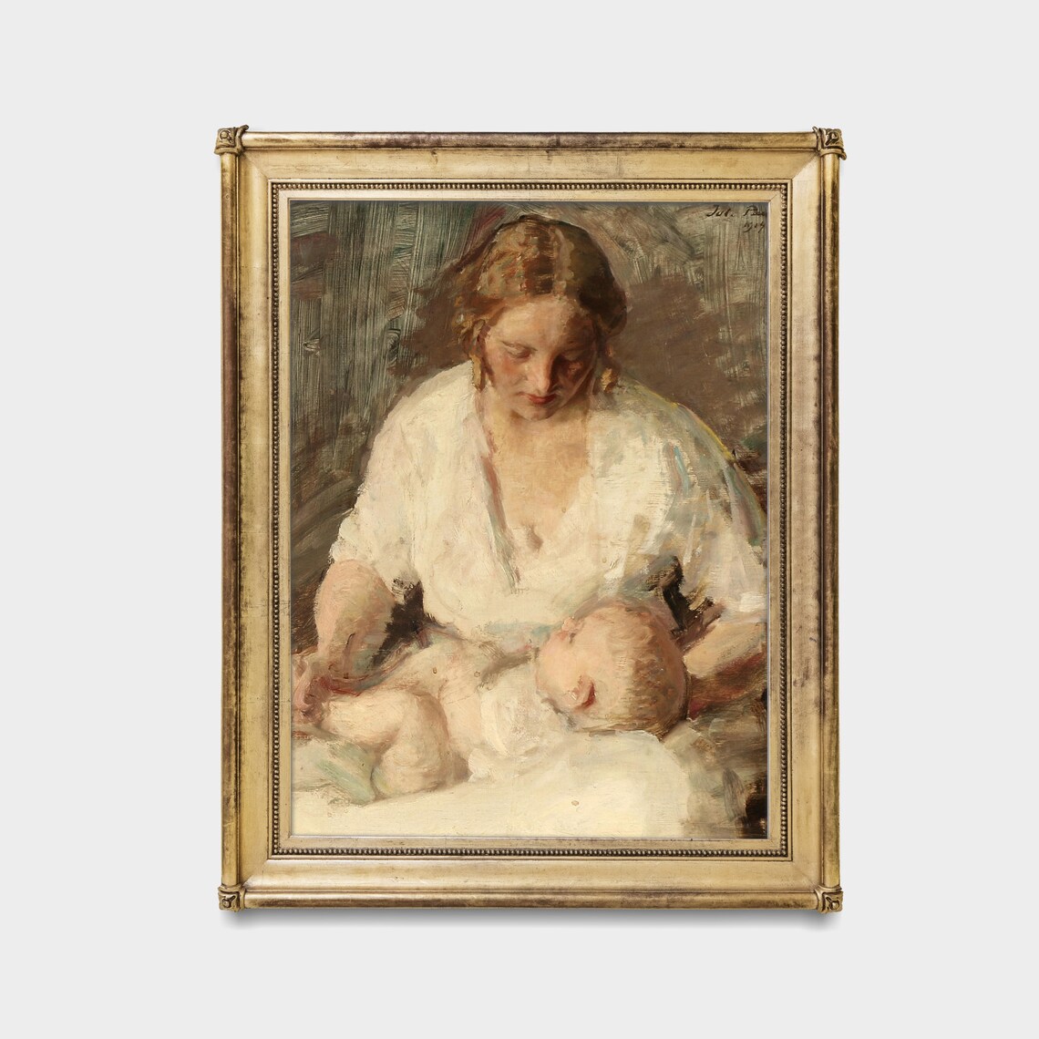 Tender Mother Cradling Her Newborn Baby Antique Oil Painting Poster - Image 3