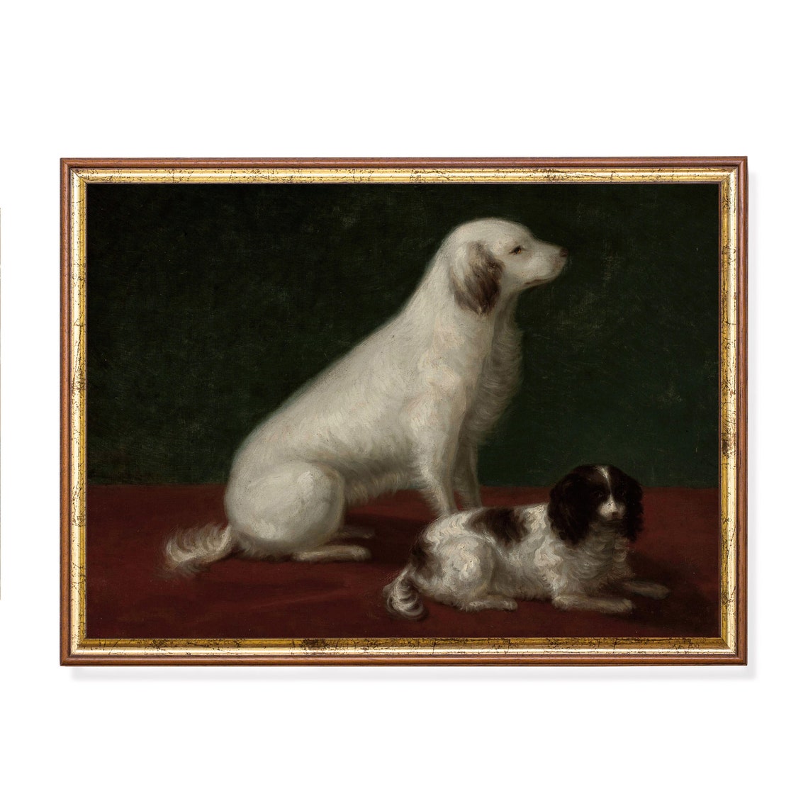 Two Spaniels Resting Together on a Red Cloth Antique Dog Poster