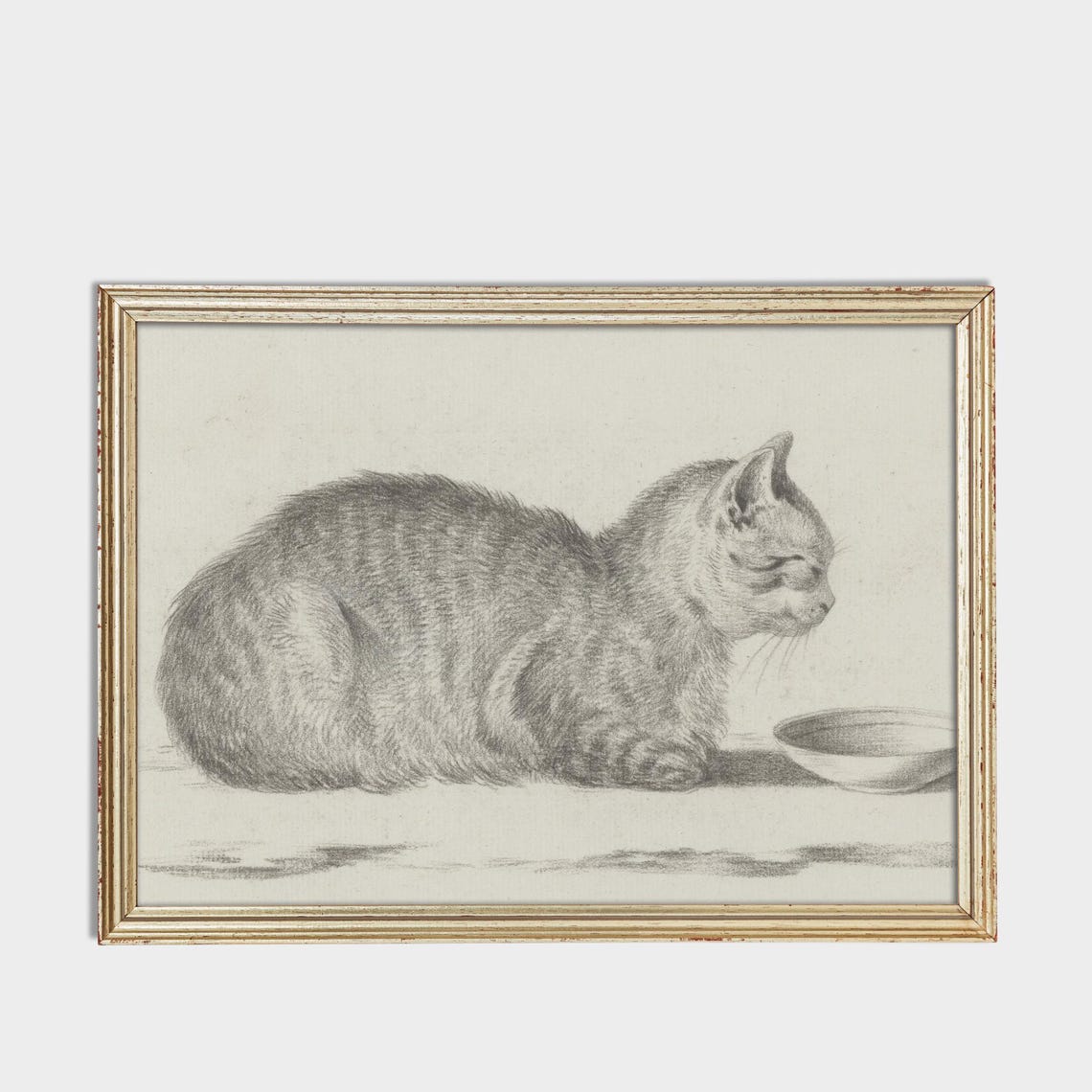 Cat Sitting beside a Milk Bowl Vintage Graphite Sketch Poster - Image 3
