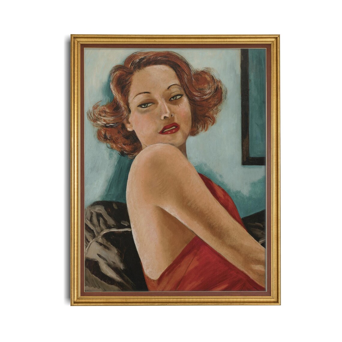 Red-Haired Woman in Red Dress 1930s Art Deco Portrait Poster - Image 4