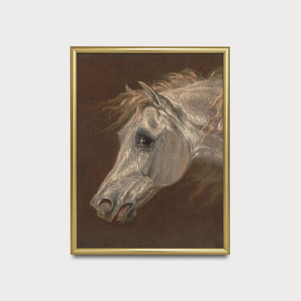 Dramatic Vintage Study of a White Horse Head on a Dark Brown Poster - Image 5