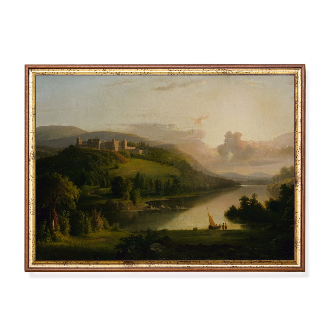 Castle Above a Sunset Lake With Sailboat Romantic Art Poster