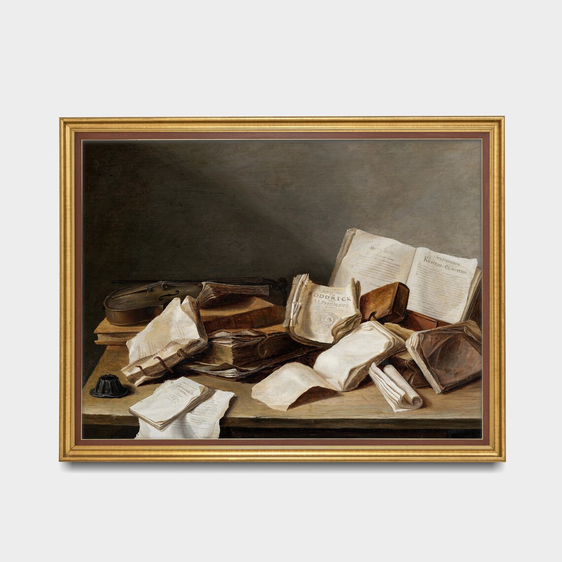 Vanitas Still Life with Antique Books and a Violin Oil Painting Print - Image 3