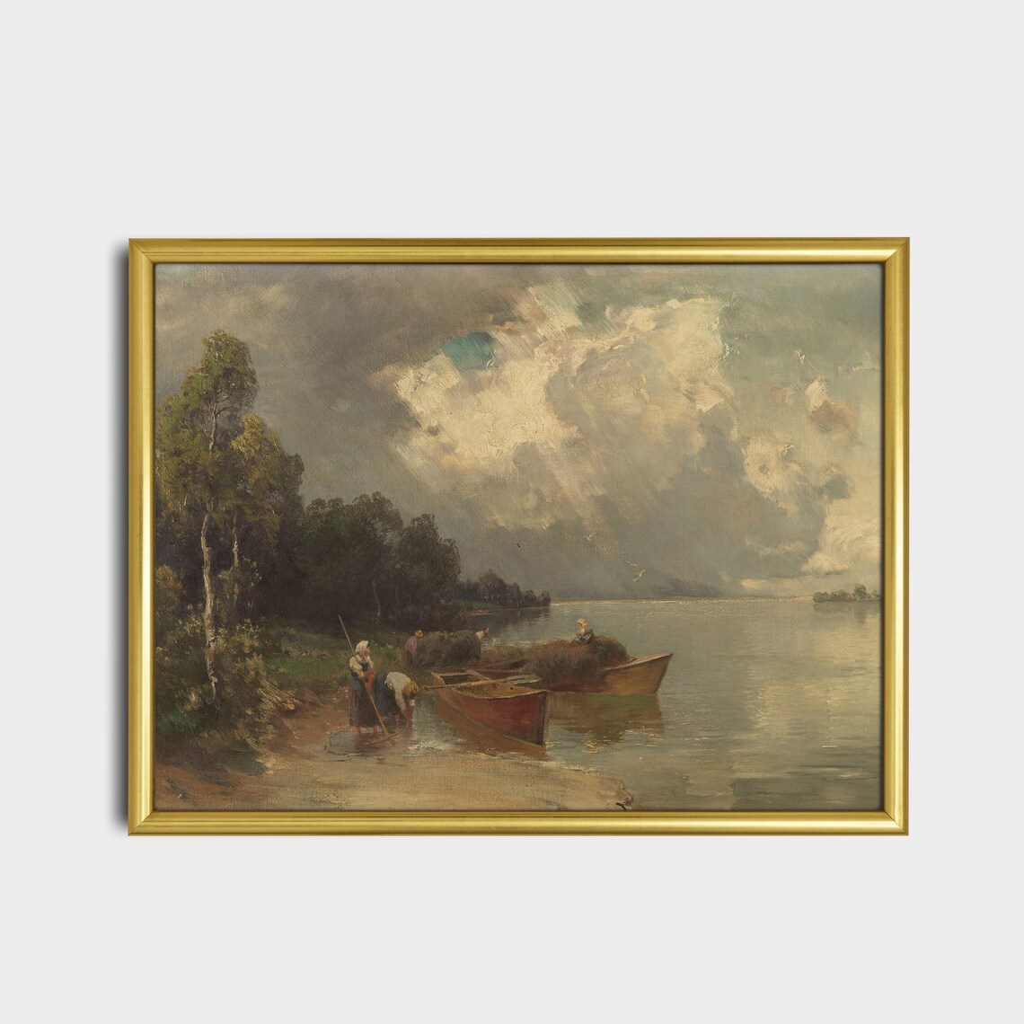 Washerwomen With Boats On A Stormy Lakeshore Vintage Art Poster - Image 2