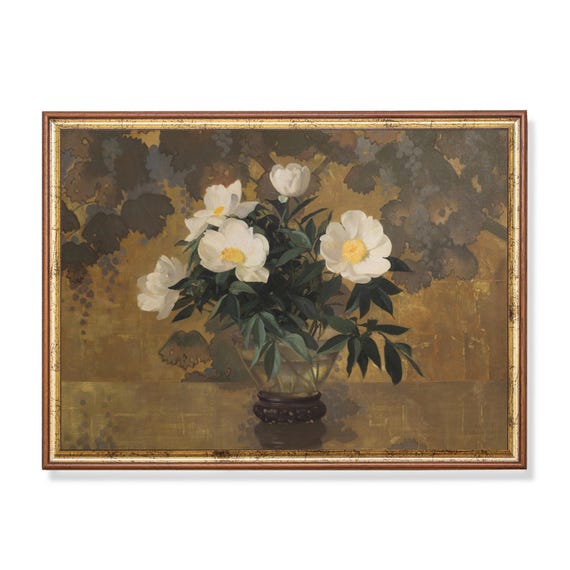 Print And Ship Vintage Floral Painting Still Life With Flowers Antique Floral Print Moody Rustic Art Single White Peonies