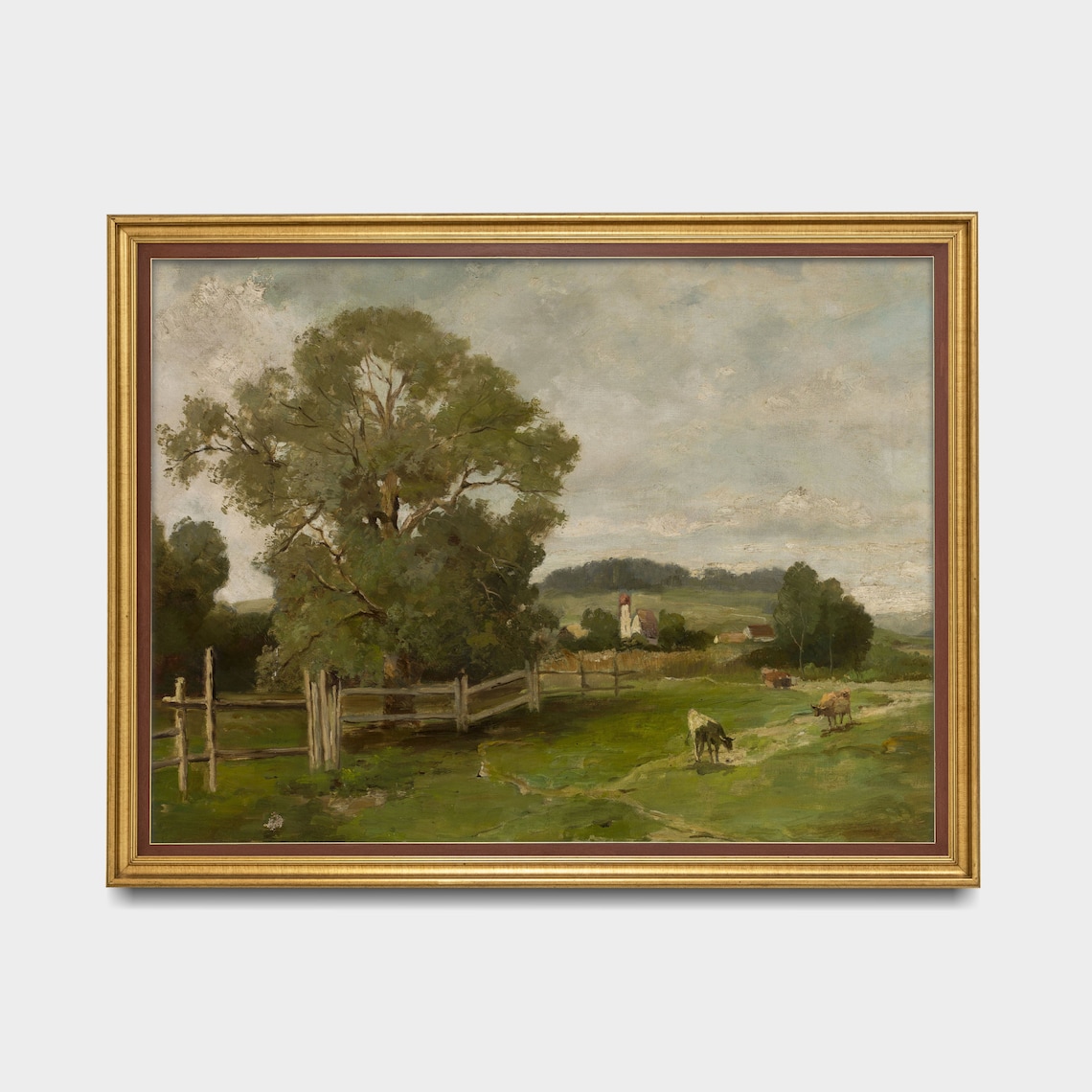 Cows Grazing by a Farmhouse Antique Pastoral Country Painting Poster - Image 3