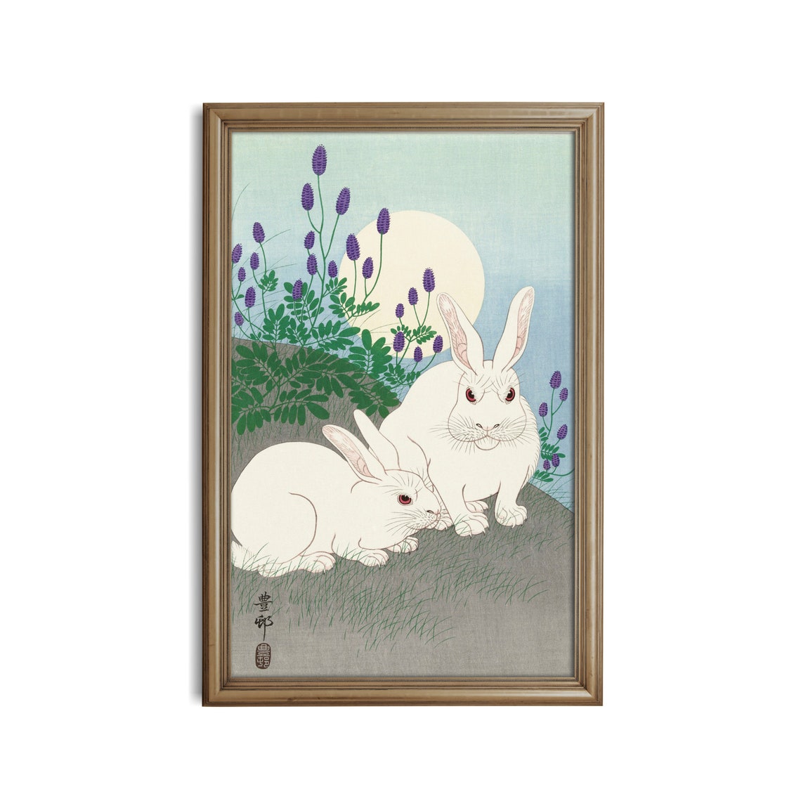 Two White Rabbits Under a Moon Classic Japanese Woodblock Poster - Image 2