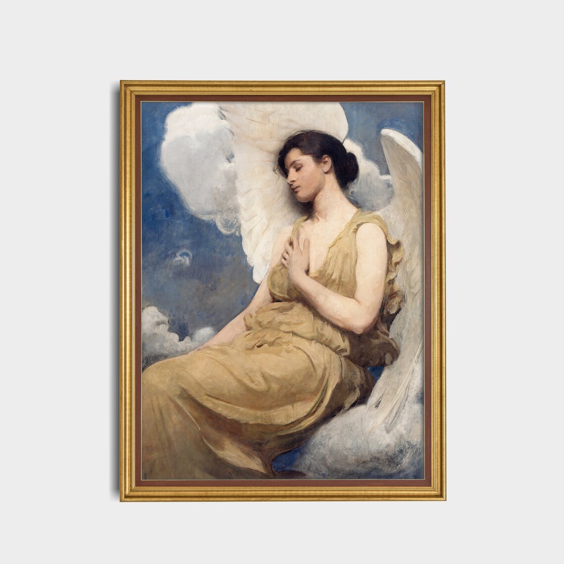 Dreaming Angel Resting on Clouds in Golden Gown Angelic Art Poster - Image 4