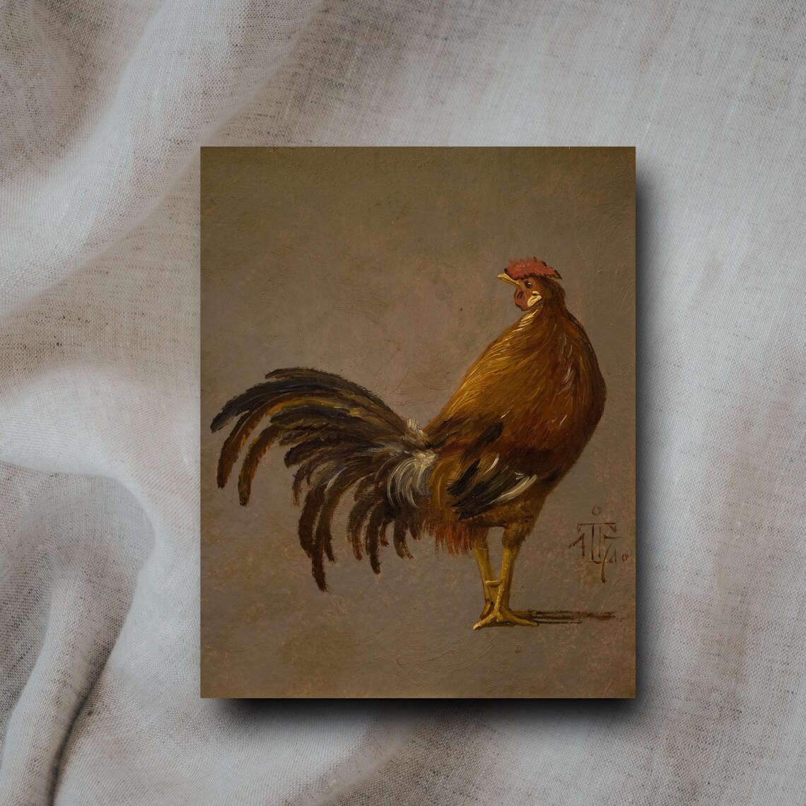 Majestic Chestnut Rooster Portrait Antique Poultry Oil Painting Poster - Image 2