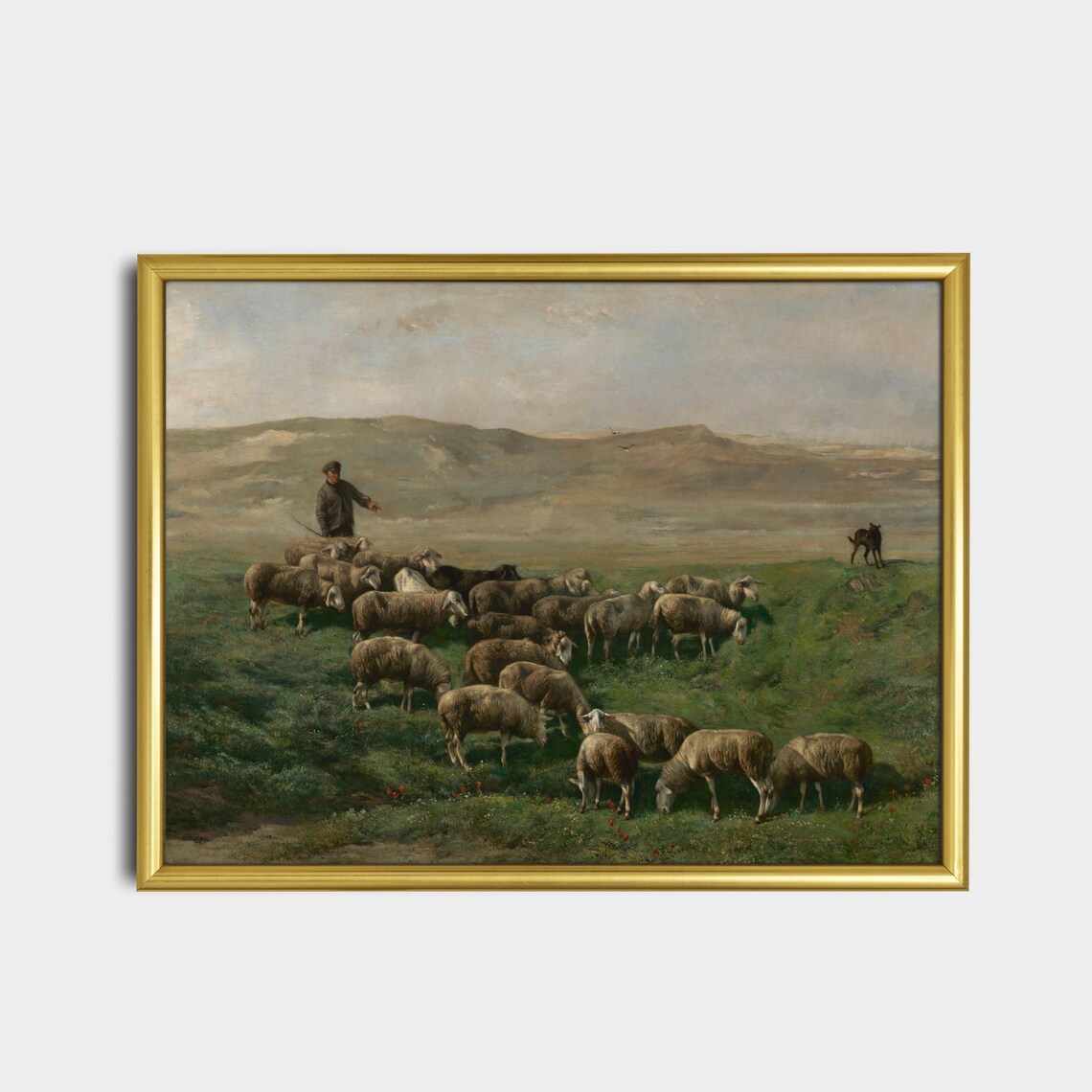 Shepherd Guiding Sheep On Hills Vintage Pastoral Painting Poster - Image 5