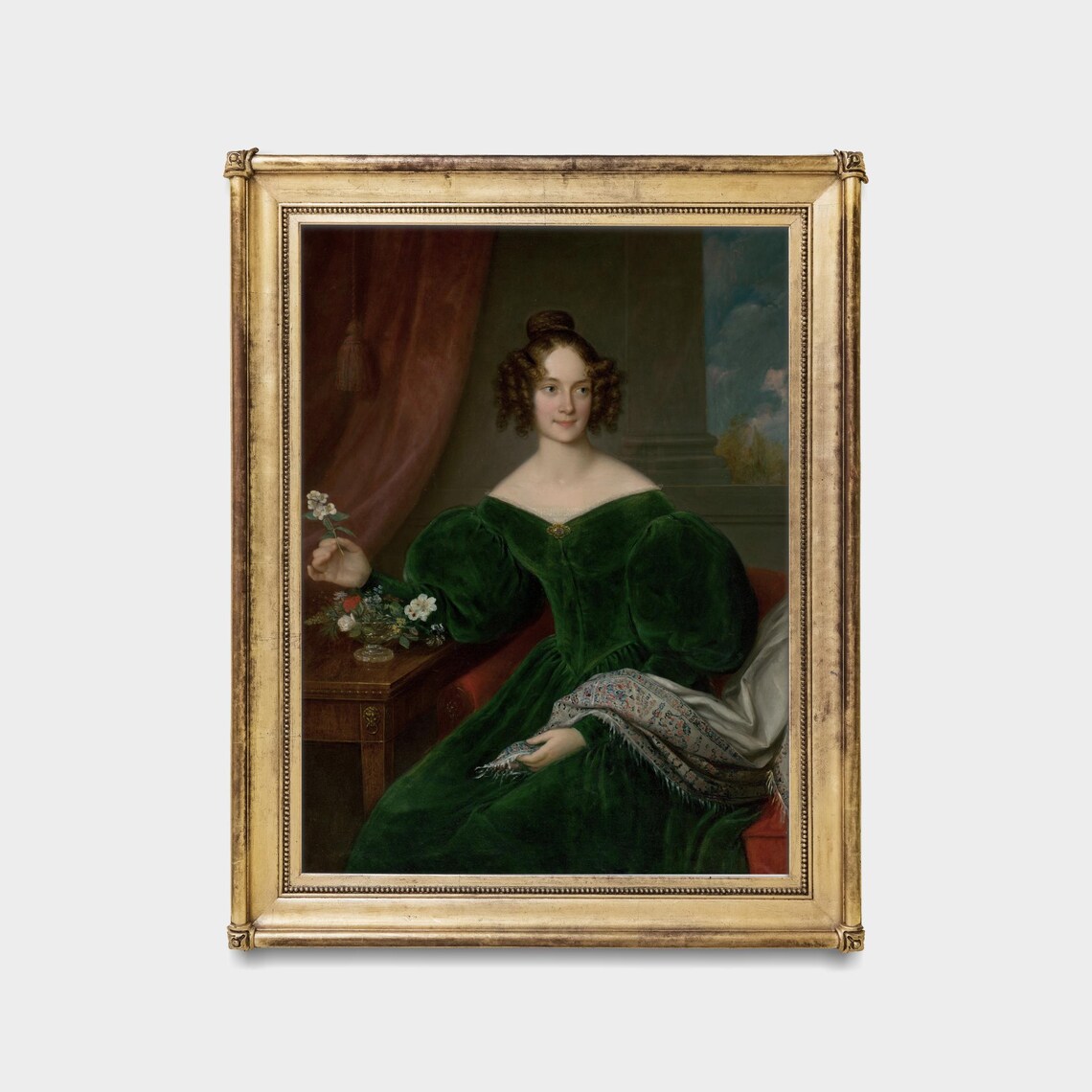 Young Woman in a Green Velvet Dress Holding Flowers Portrait Poster - Image 4