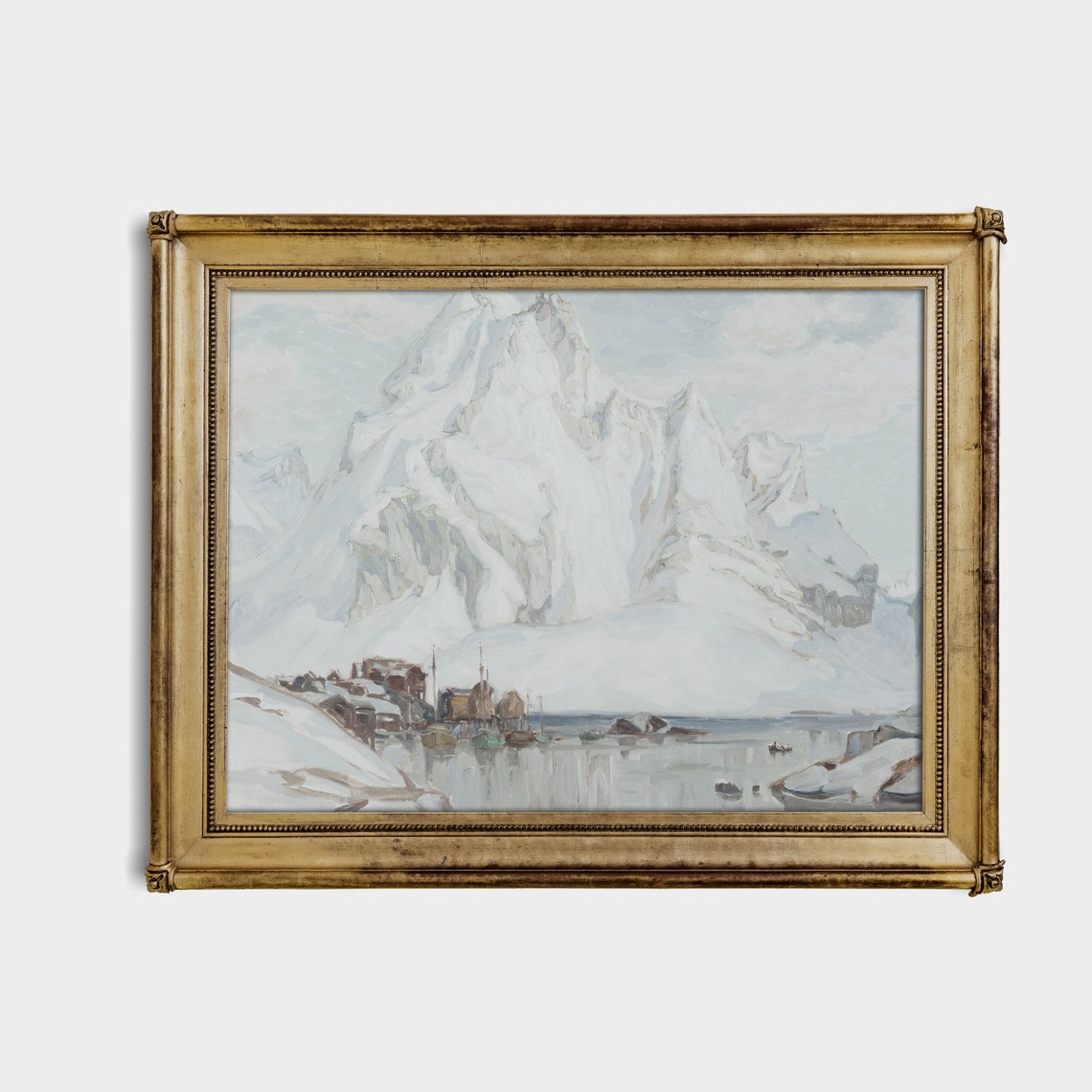 Snowy Mountain Above Village Harbor Winter Landscape Scene Poster - Image 4
