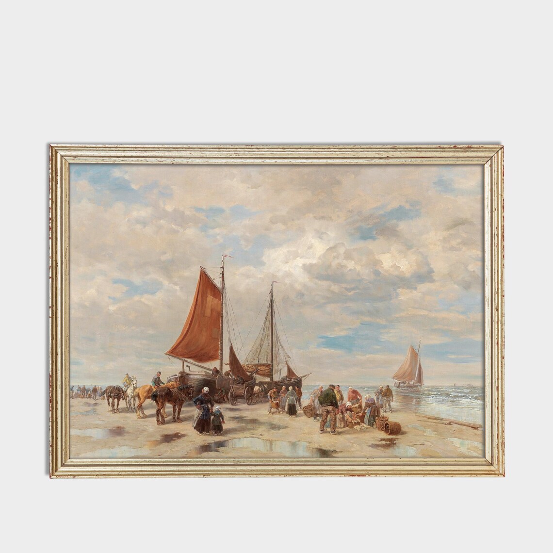 Fishermen Unloading Their Catch On A Beach Vintage Art Poster - Image 3