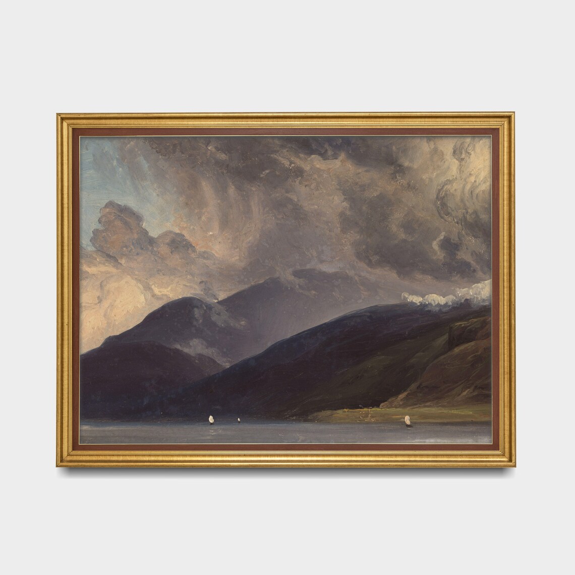 Moody Storm Clouds Mountain Lake Sailboats Vintage Landscape Poster - Image 3