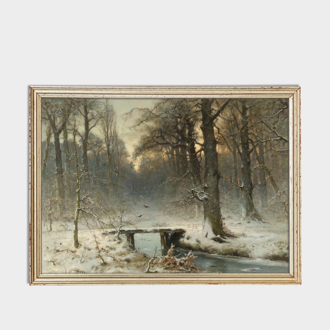 Snowy Forest with a Wooden Bridge Over a Stream Vintage Winter Poster - Image 3