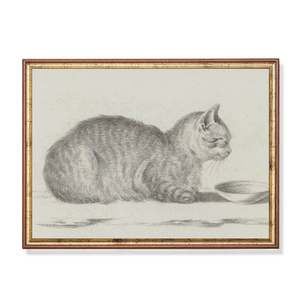 Cat Sitting beside a Milk Bowl Vintage Graphite Sketch Poster