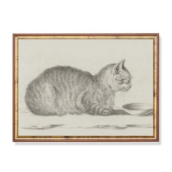 Cat Sitting beside a Milk Bowl Vintage Graphite Sketch Poster