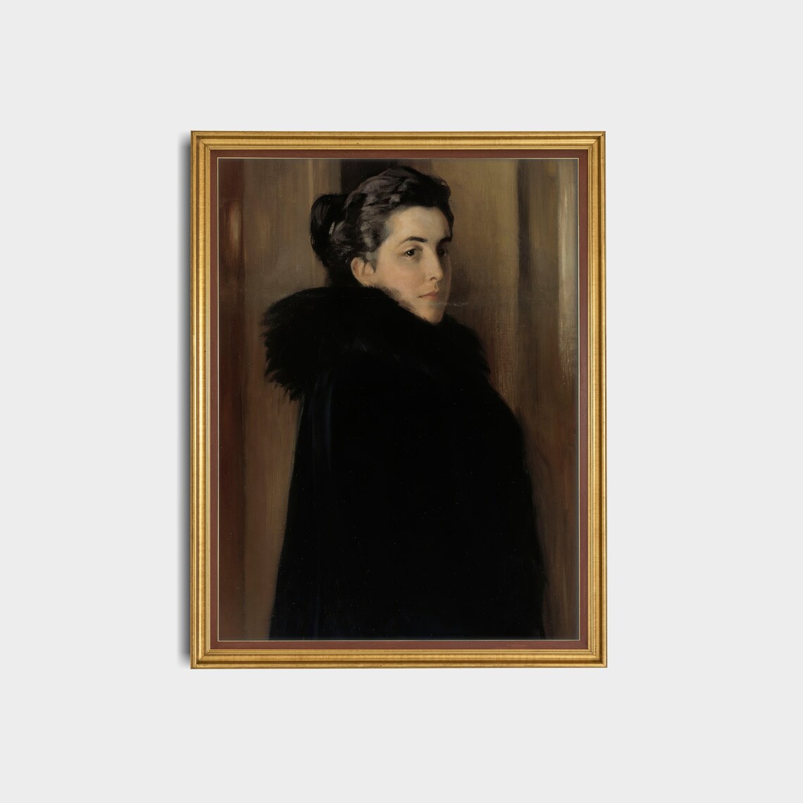 Woman in Black Cloak Glancing Back Moody Portrait Painting Poster - Image 2