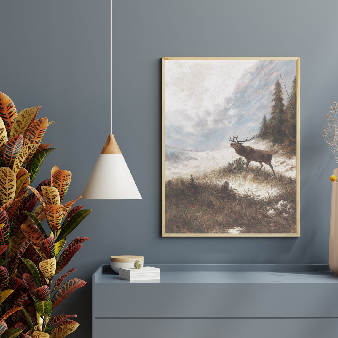 Stag Bellowing on a Snowy Mountain Hillside Vintage Wildlife Poster - Image 2