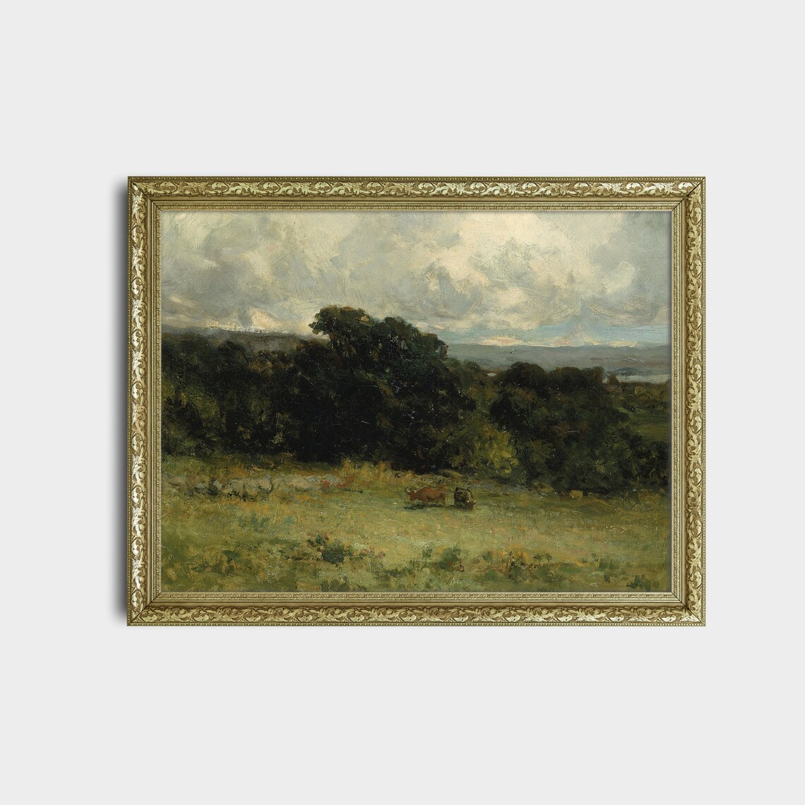 Cows Grazing in Wide Meadow Under Cloudy Sky Vintage Landscape Poster - Image 2