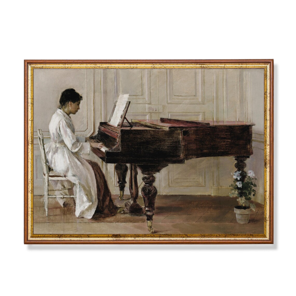 Woman Playing a Grand Piano in a Sunlit Danish Interior Painting Poster