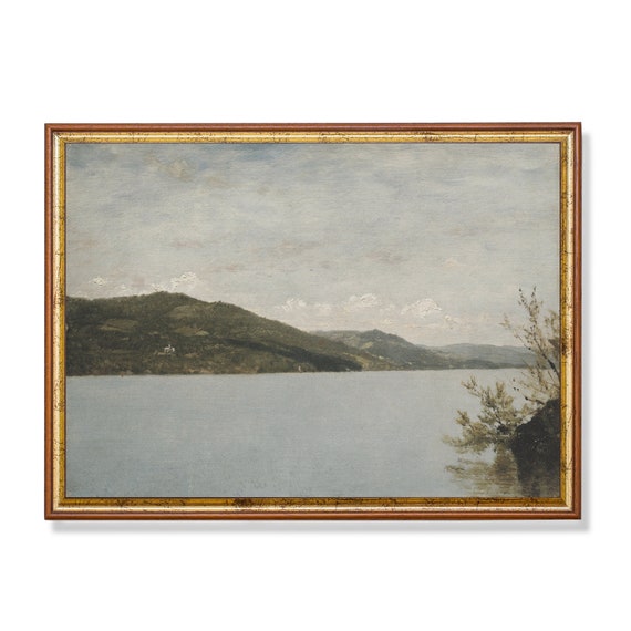 Vintage Lake Painting Rustic Art Antique Art Print Moody Horizontal Landscape Wall Art Coastal Fine Art Print