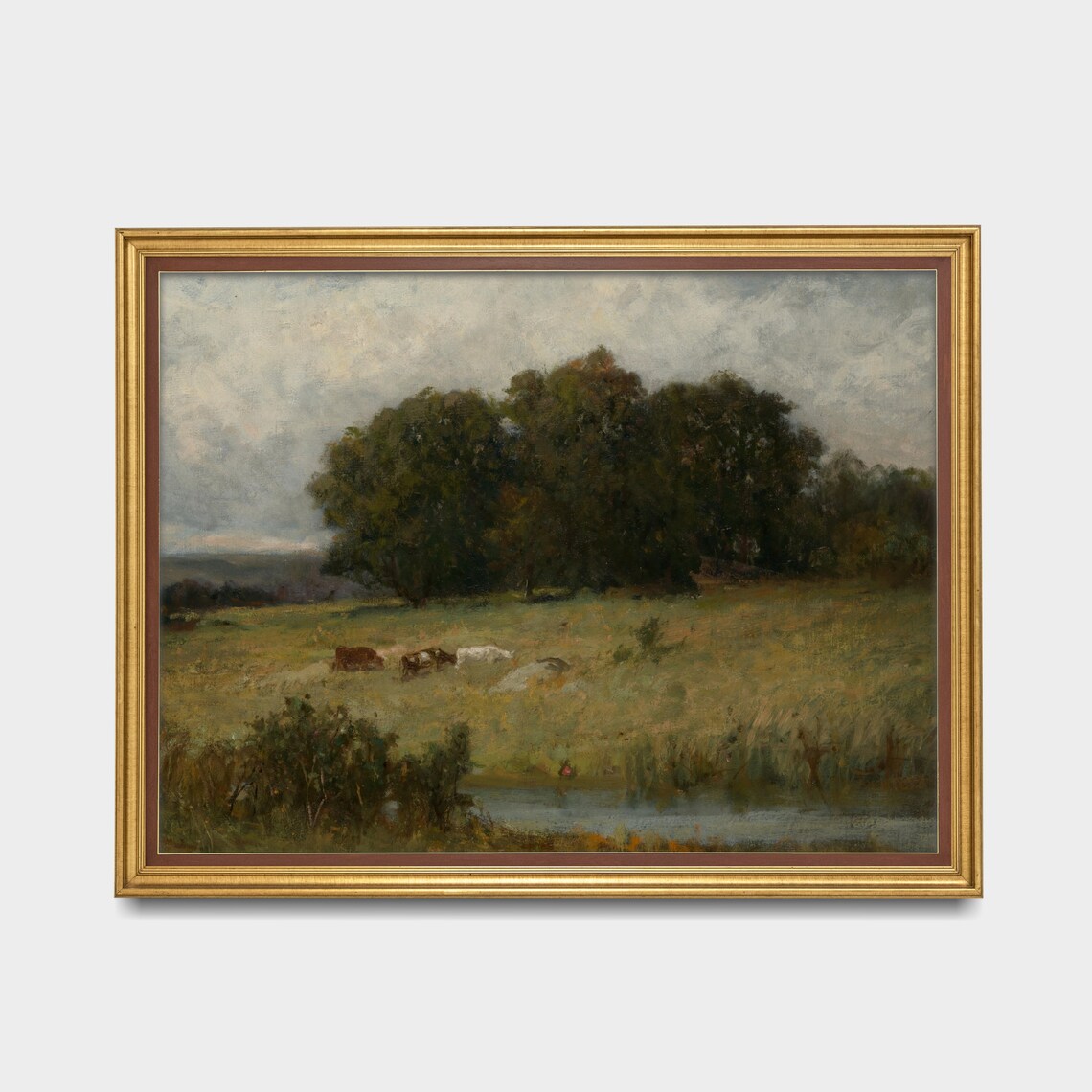 Cows Grazing by a Stream in a Moody Pasture Antique Oil Poster - Image 3