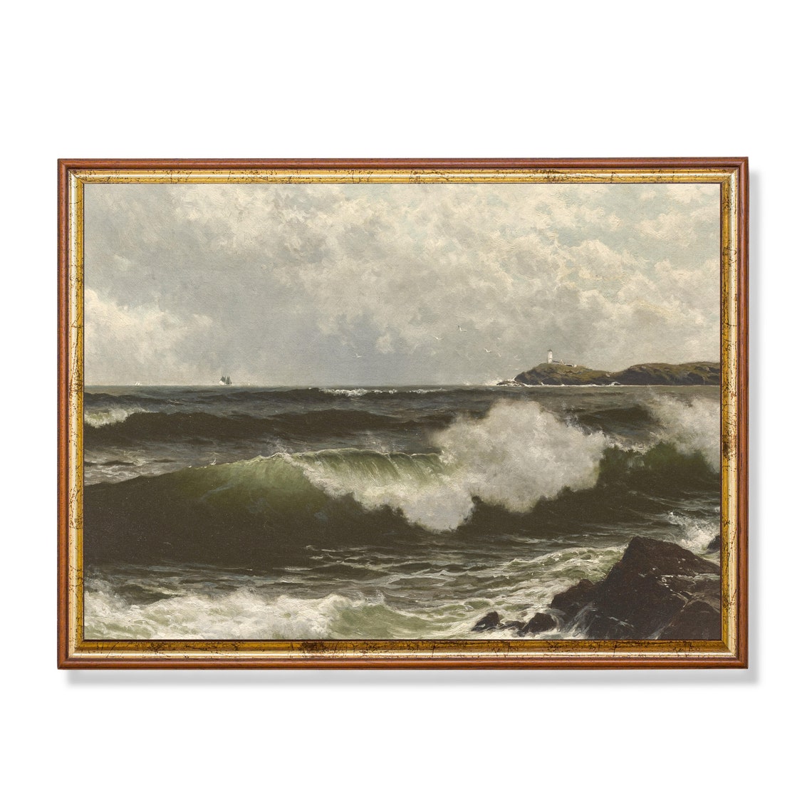 Storm Waves Breaking Near a Lighthouse on a Rocky Headland Poster