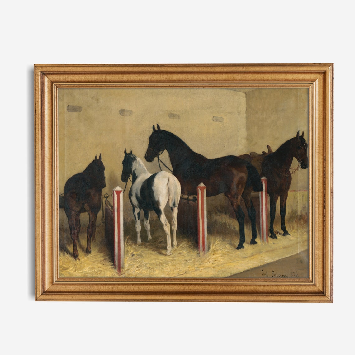 Four Horses in Sunlit Stable Interior Vintage Equestrian Group Poster - Image 3