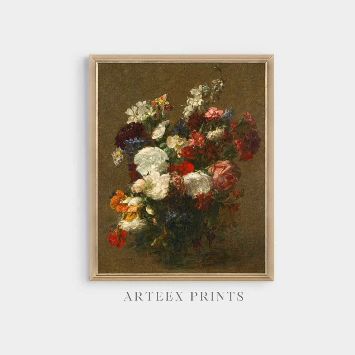Loose Bouquet of Mixed Garden Flowers Roses on Dark Ground Oil Print - Image 4
