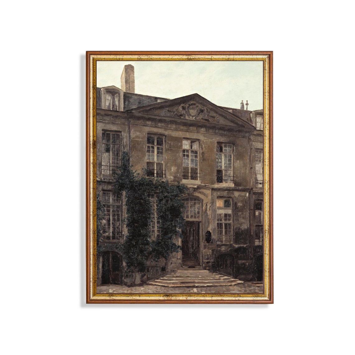 Stone Parisian Townhouse Facade Covered in Ivy Vintage Art Poster