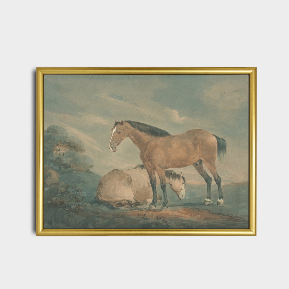 Two Horses Resting Together in a Soft Watercolor Field Poster - Image 2
