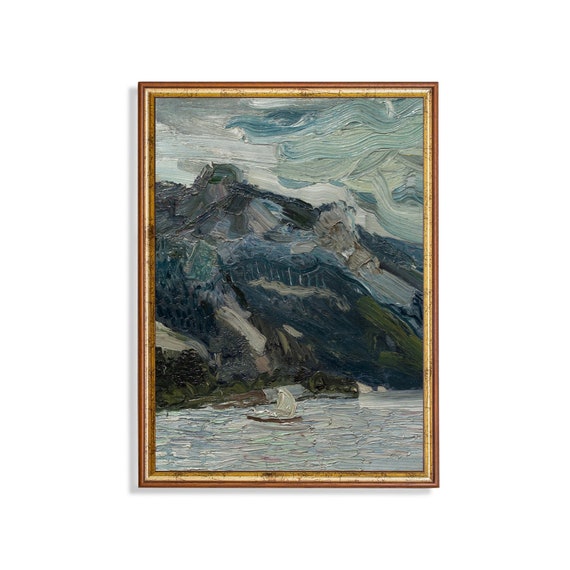 Vintage Seascape Painting Antique Ocean Beach Coastal Decor Moody Rustic Print Wall Art Oil Painting