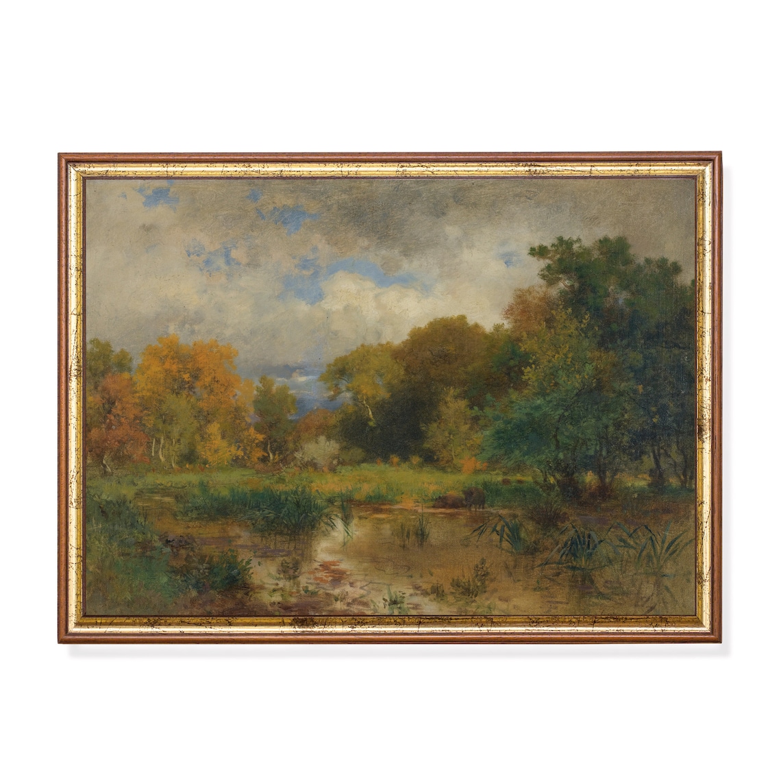 Autumn Woodland Pond With Ducks Moody Vintage Landscape Poster