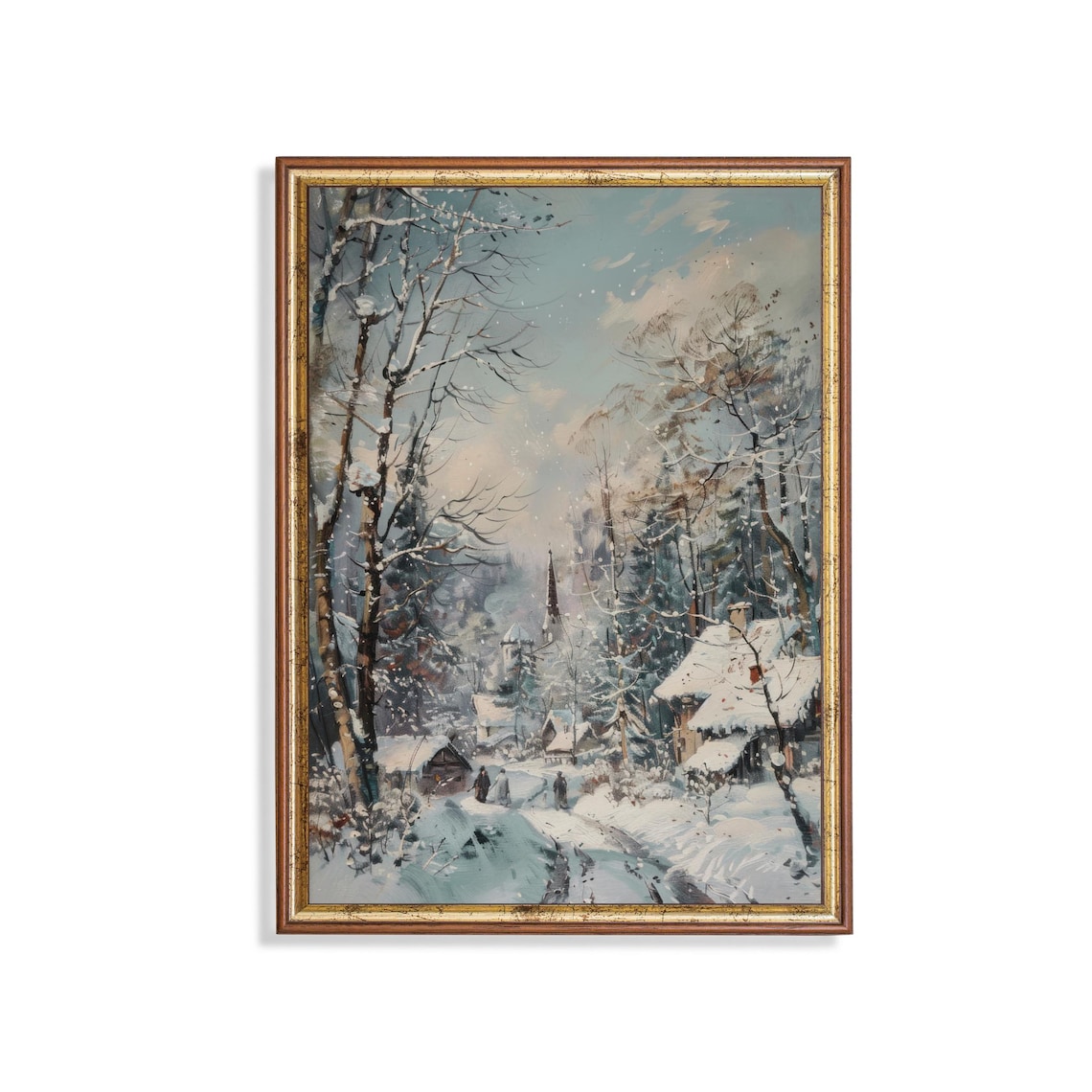 Snowy Village with Church Steeple Winter Scene Vintage Poster
