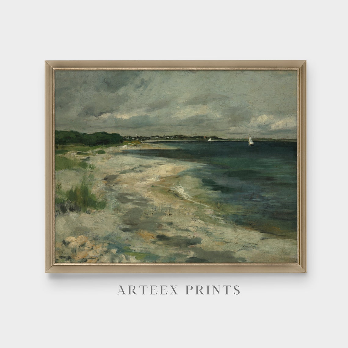 Rocky Beach Under Stormy Sky Moody Seascape Coastal Art Poster - Image 3
